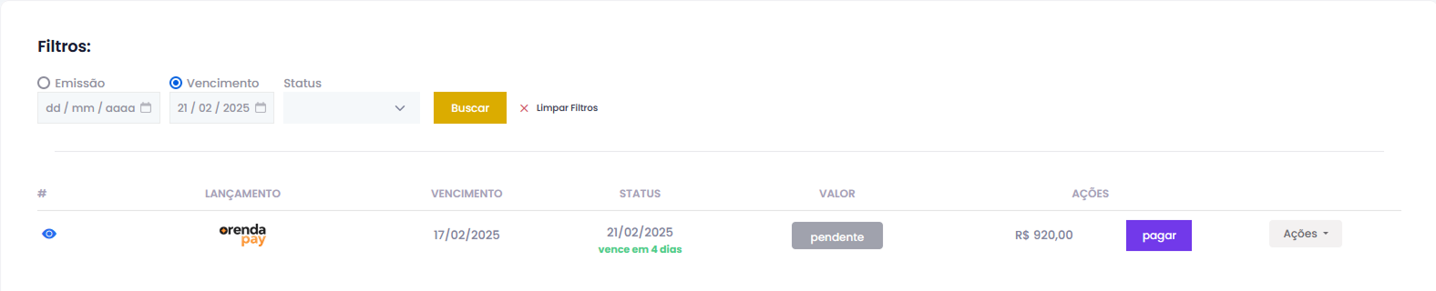 Resultado da pesquisa por faturas com vencimento para o dia 21/02/2025