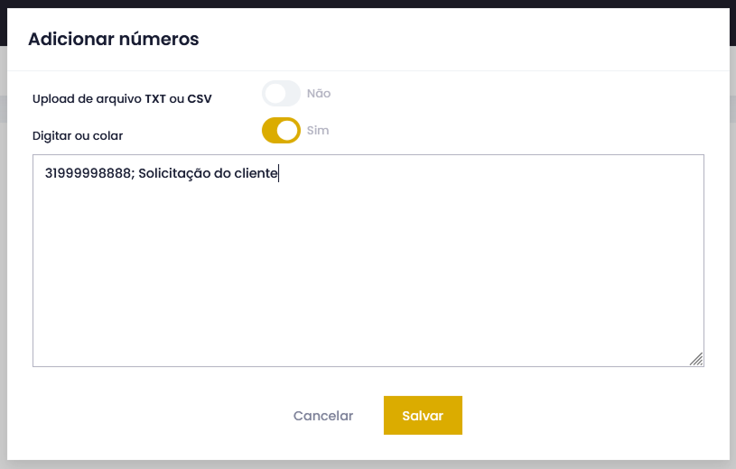 Captura de tela do popup de adicionar números