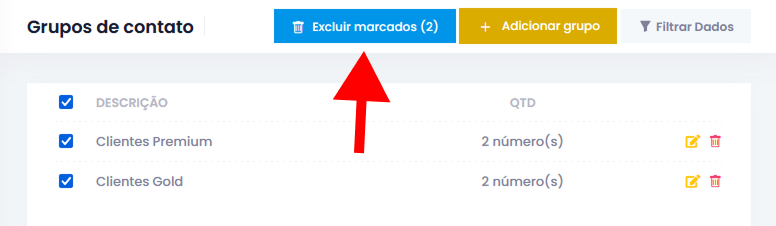 Captura de tela com destaque para o botão de excluir vários itens