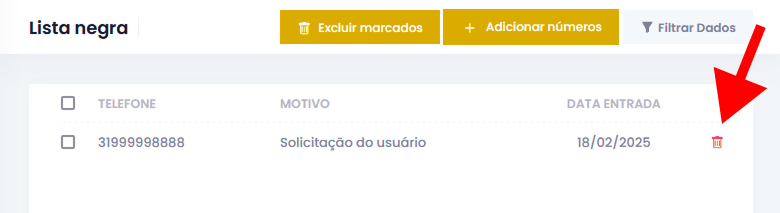 Captura de tela da página de lista de números da lista negra