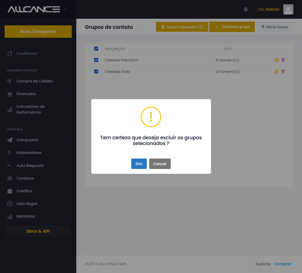 Captura de tela do popup de confirmação de exclusão