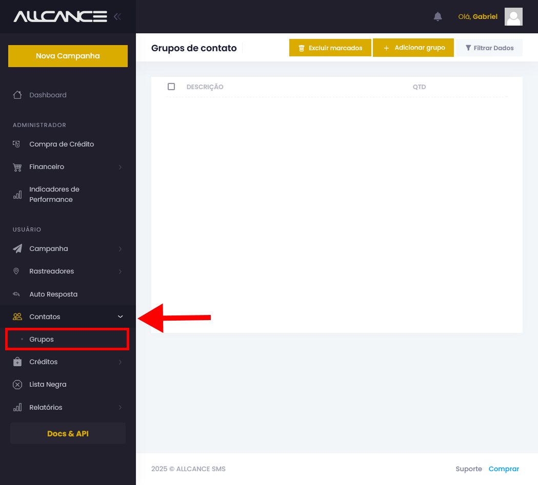 Captura de tela do menu lateral, com destaque para o botão "Grupos"