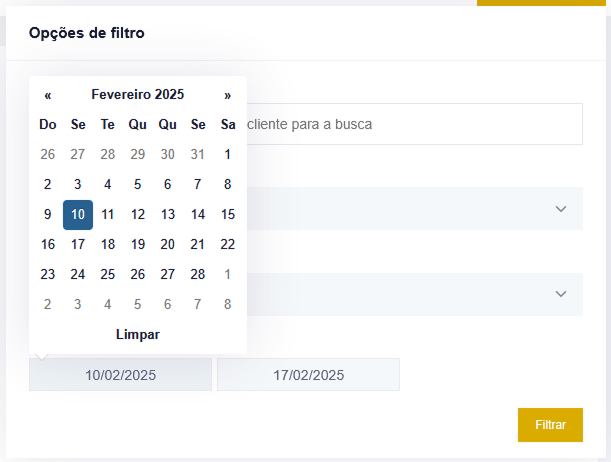 Captura de tela do popup de filtro por data