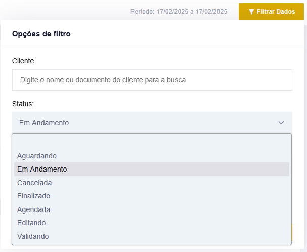 Captura de tela do popup de filtros com ênfase para o campo de status