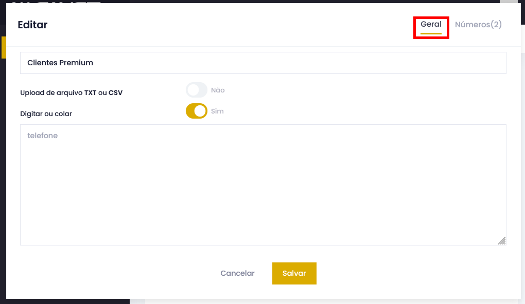 Popup de edição aberto na aba "Geral"