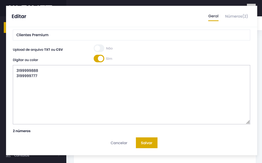 Captura de tela do popup de adicionar números