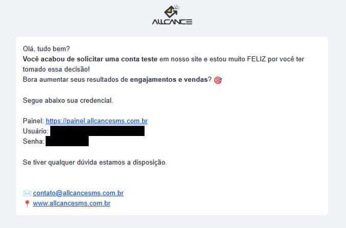 Captura de tela do e-mail com os dados de acesso