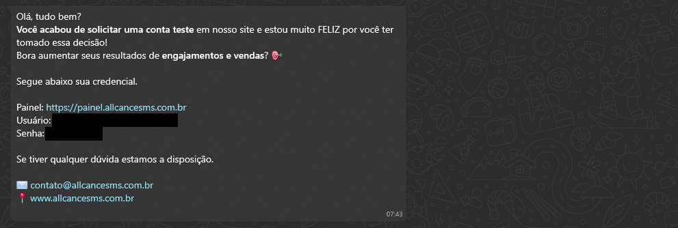 Captura de tela do e-mail com os dados de acesso