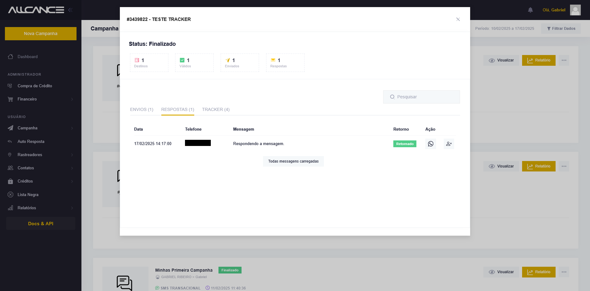 Captura de tela com campanha com o status de "respondido"