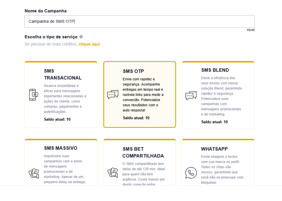 Captura de tela da página de criação de campanha