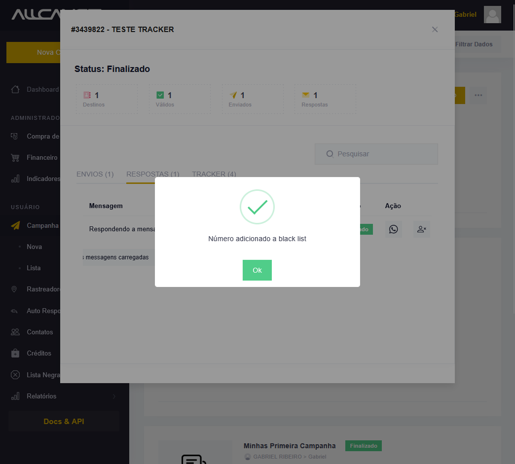 Popup de sucesso ao adicionar um número à lista negra