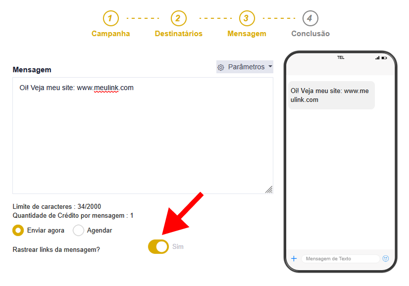 Captura de tela da etapa 3 - mensagem, com ênfase na seleção da opção "Rastrear links da mensagem"
