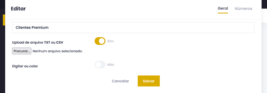 Captura de tela do popup com a importação via upload selecionada
